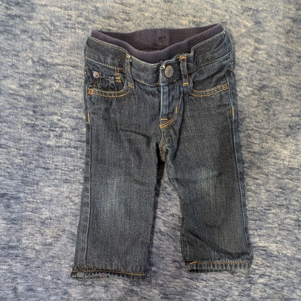 GAP 6-9M Plaid Shirt, Dinosaur Onesie, and Denim Jeans Set